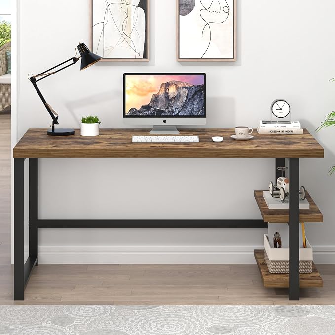 EXCEFUR Modern Computer Desk, Home Office Desk with Storage Shelf, Wood Study Writing Table Workstation for Bedroom Living Room, Rustic Brown, 53 Inch - Image 7