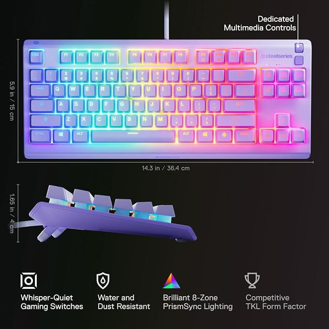 SteelSeries Apex 3 TKL Lavender RGB Gaming Keyboard — Tenkeyless Compact Form Factor — 8-Zone RGB Illumination — Water and Dust Resistant — Whisper-Quiet Gaming Switch - Image 5