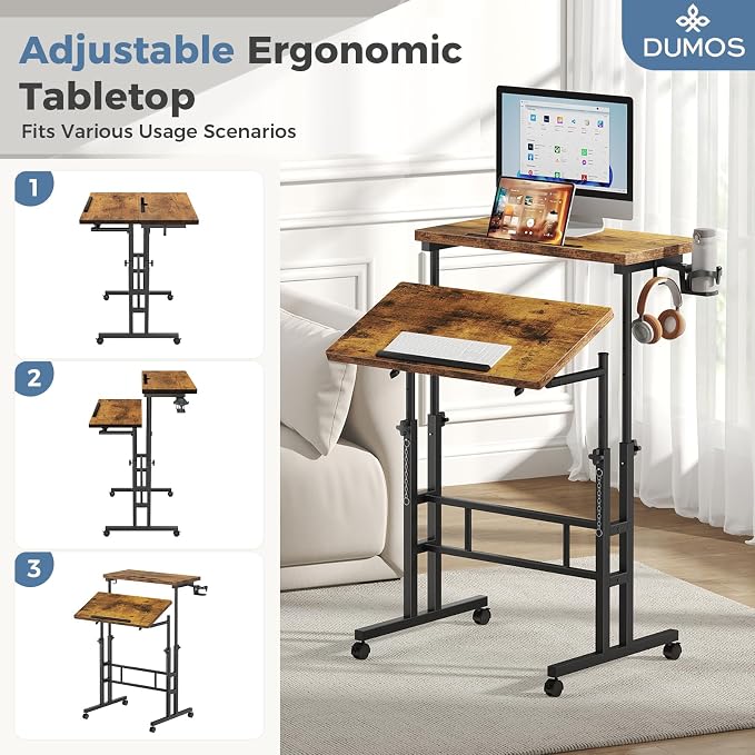 DUMOS Rolling Standing Desk, Sit Stand Desk, Computer Cart | 23.6 Inch Width, Height Adjustable, Split Top, Mobile Laptop Workstation, Office Table, Portable Design, Rustic Brown - Image 4