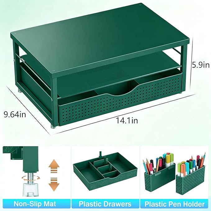 gianotter Desk Organizers and Accessories, Monitor Stand with Drawer and 2 Pen Holder, Desktop Organizer Suitable for Offices and Dormitories (Green-Plain) - Image 5
