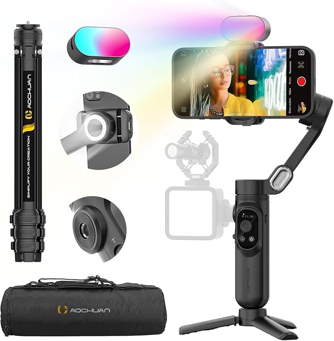 AOCHUAN 3-Axis Gimbal Stabilizer for iPhone & Android w/RGB Light, Handheld Phone Gimbal for Video Recording w/AI Tracking,1/4 Thread, Extendable Tripod, Padded Carry Bag(Smart X Complete Combo1) by AOCHUAN