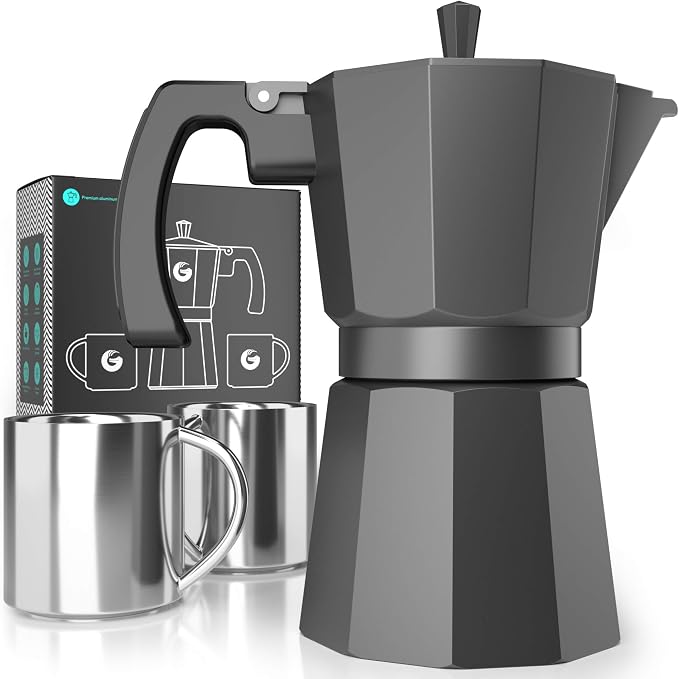 Coffee Gator Moka Pot - 6 Cup, 12oz Stovetop Espresso Maker - Classic Italian and Cuban Coffee Percolator w/ 2 Stainless-Steel Cups – Matte Grey Aluminum, 360ml by CoffeeGator