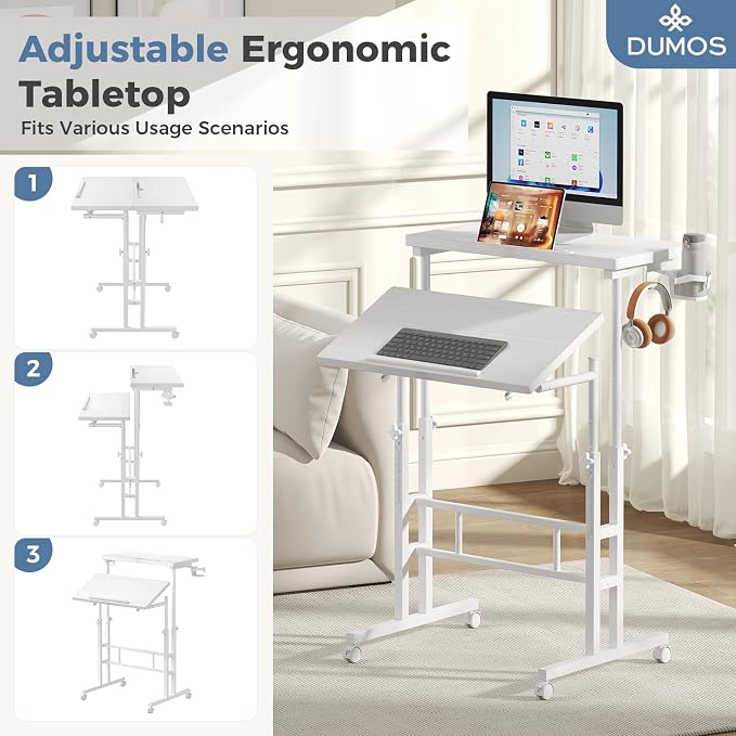 DUMOS Rolling Standing Desk, Sit Stand Desk, Computer Cart | Manual Height Adjustable, Split Top Mobile, Laptop Workstation, Portable Home Office, Walking Pad Study Surface, White - Image 4