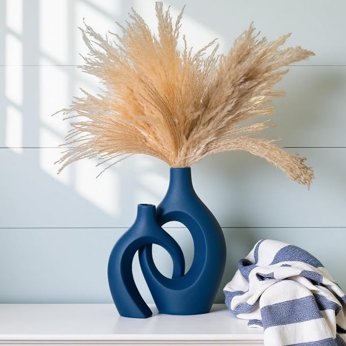 Lvases Blue Snuggle Hollow Ceramic Vase Minimalist Decorative Vases of 2 | 11 Inch Nordic Boho Decor Home Flower Vases for Living Room Coffee Table, Bookshelf Mantle & Entryway Pampas Grass Display - Image 7
