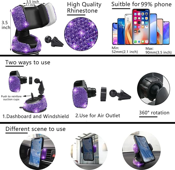 NBTEPEM 27 PCs Purple Violet Bling Car Accessories Set for Women, Steering Wheel Covers Universal Fit 15 Inch, Bling License Plate Frame, Bling Phone Holder, Bling Car Coasters - Image 5