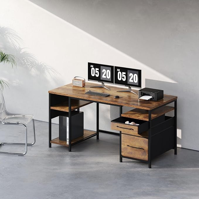 Maihail Small Desk with Drawers, Office Desk with Storage Shelves, Brown2 | 59 Inch Desktop, Metal Frame, 3 Fabric Drawers, Storage Shelves, Computer & Writing Desk, Office Gaming Workstation by Maihail