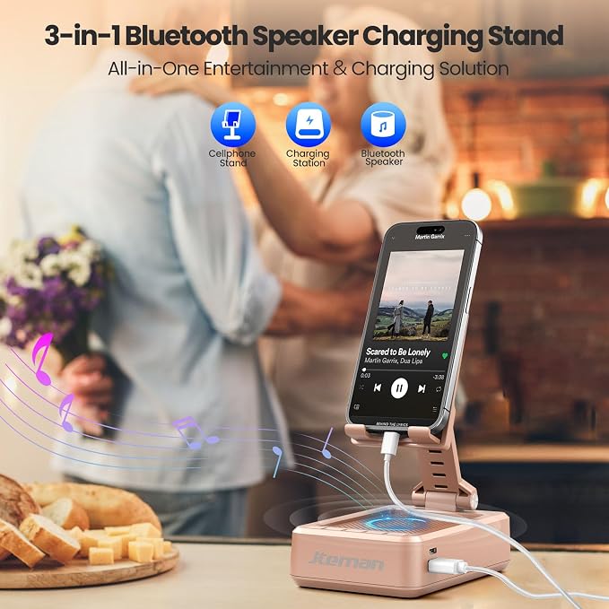 JTEMAN Cell Phone Stand with Bluetooth Speaker and Charging Function, HD Sound Adjustable Phone Holder, Birthday Gifts for Men Women, Cool Tech Kitchen Gadgets for All Phones,Tablet (Rose Gold) - Image 2