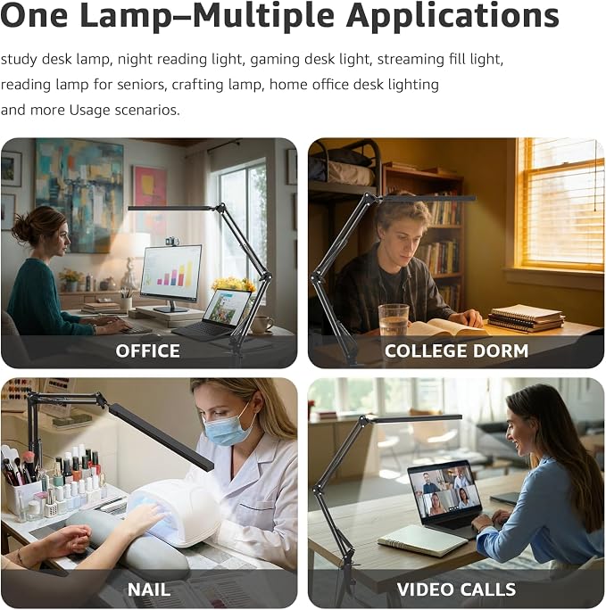 Upgrade Swing Arm LED Desk Lamp with Clamp, 80 LED Beads, 5 Color Modes & 11 Brightness Levels, 360° Adjustable Arm, Eye-Caring Light CRI95, Timer & Memory Function, for Office, Study, Crafting - Image 7