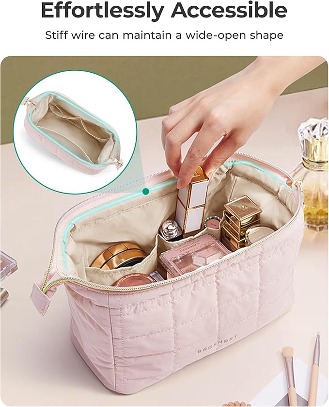 BAGSMART Makeup Bag Travel Toiletry Bag, Zipper Pouch, Burgundy Red | Wide-open, Puffy Padded, Travel Essentials, Make Up Bag, For Women, Makeup Organizer, Toiletries Accessories Brushes - Image 3