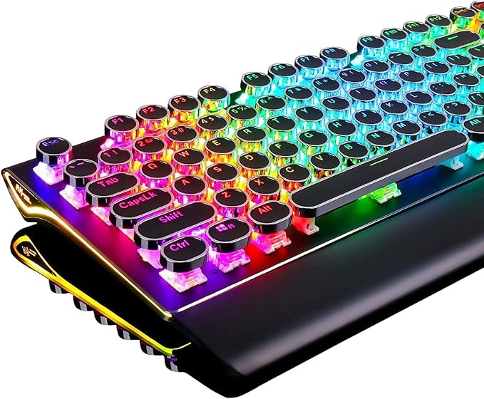 RK ROYAL KLUDGE S108 Typewriter Keyboard, Retro Mechanical Gaming Keyboard Wired 108 Keys with RGB Backlit Sidelight, Detachable Wrist Rest, Round Keycaps Blue Switches - Black by RKROYALKLUDGE