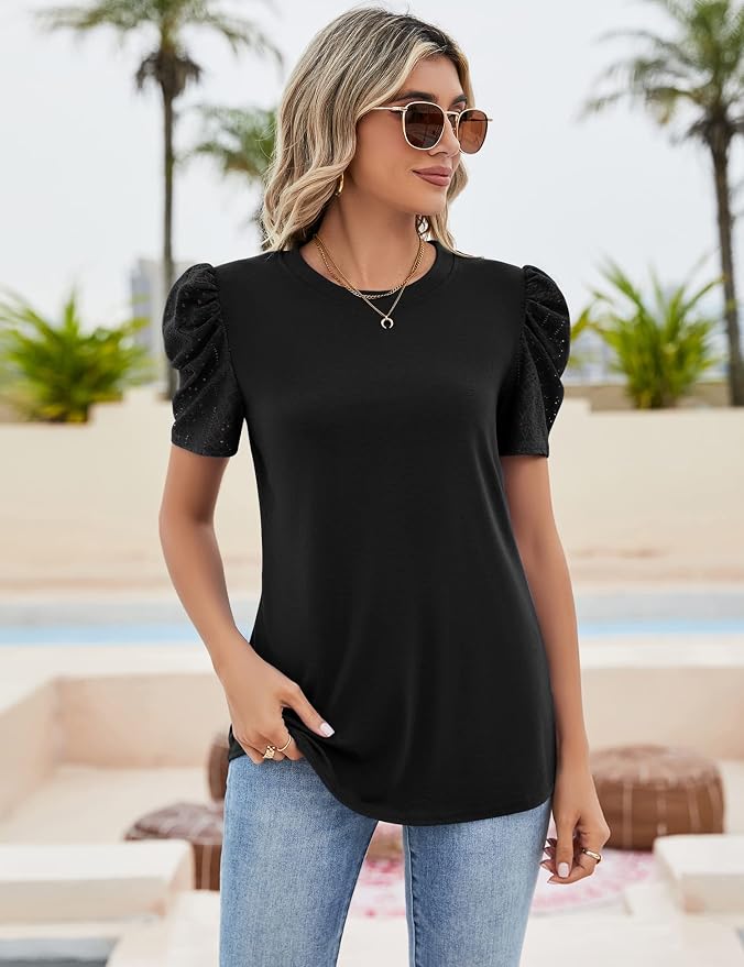 Ivicoer Puff Short Sleeve Shirt for Women Eyelet Tops Summer Crewneck Blouse Loose Fit S-XXL - Image 2