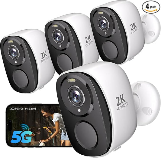 Rraycom 4 Pack 2K Security Cameras Wireless Outdoor, Battery Powered 5GHz/2.4GHz WiFi Cameras for Home Security, AI Motion Detection, Color Night Vision, Siren Alarm, 2-Way Audio, IP65, Cloud/SD,Alexa by Rraycom