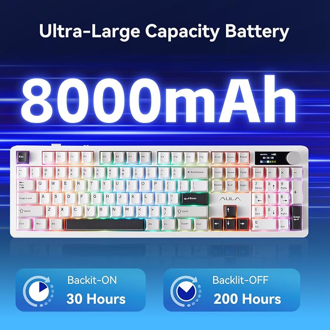 AULA F106 Pro Wireless Keyboard Full Size Mechanical Gaming Keyboards | Full Size,Hot Swappable Custom,8000mAh,RGB Backlit,Creamy Pre-lubed Blaze Switches,PBT Keycaps,Tri-Mode BT/2.4GHz/USB-C - Image 5