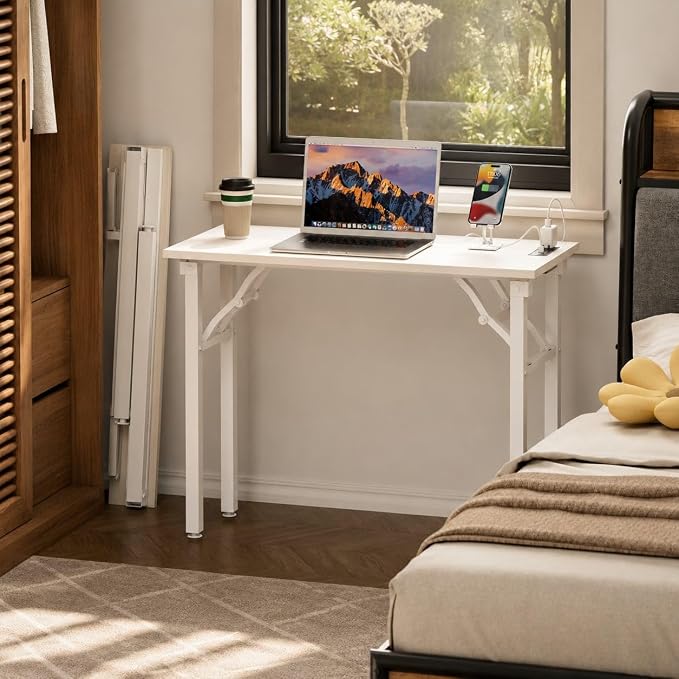 Folding Table Computer Desk - 35.8" No Assembly Folding Desk with Power Outlets & USB Charging Port, Small Desk, Foldable Office Desk, Compact Storage Portable Use for Small Space, White Ash - Image 2