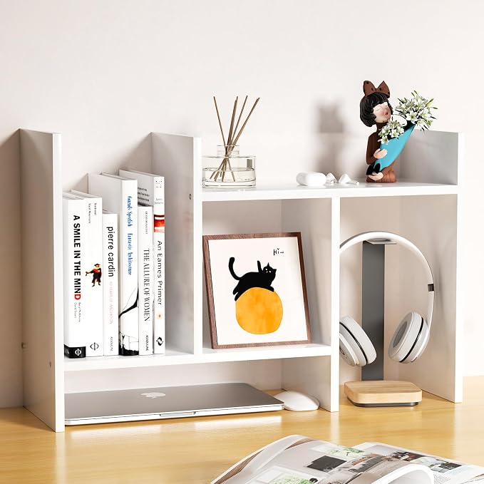 Desk Shelves Wood Desktop Orgnizer Shelf. Office Organization for Top of Desk Organizers and Accessories Bookshelf Shelving,Adjustable Tier H-Shape Mini Bookcase(White) by FNBAR