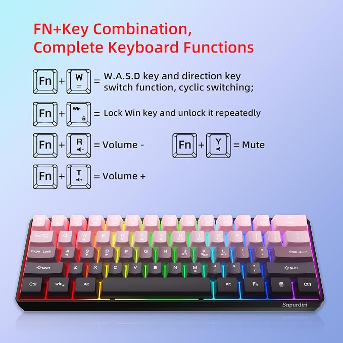 Snpurdiri 60% Wired Gaming Keyboard, Pink-Black | 61 Keys, RGB Backlit Ultra-Compact Small Gaming Keyboard for PC/Mac Gamer, Typist, Travel, Easy to Carry on Business Trip - Image 3