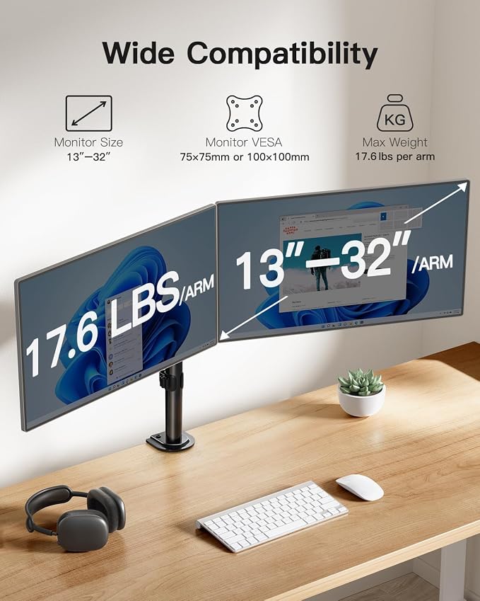 HUANUO Dual Monitor Mount for 2 Monitors up to 32 inches, Heavy Duty Dual Monitor Stand Holds up to17.6lbs, Dual Monitor Arm with Height Adjustable Tilt Swive Rotate, VESA Hole 75mm or 100mm - Image 2