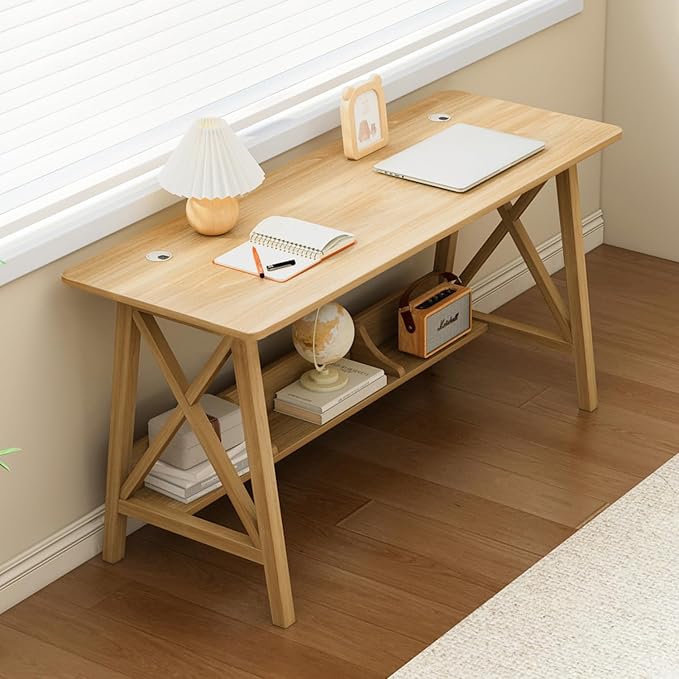 NELYE Extra Long Writing Desk with Bookshelf, 47" Wx16 Dx30 H, Oak | Wooden Home Office Work Study Table, Computer Gaming Workstation with Storage Shelf, Sturdy MDF Resists Wobble by NELYE