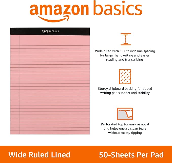 Amazon Basics Wide Ruled Lined Writing Note Pads with Sturdy Back, Multicolor, 300 Sheets, Perforated, 8.5x11.75 Wide Ruled (Pack of 72) - Image 2