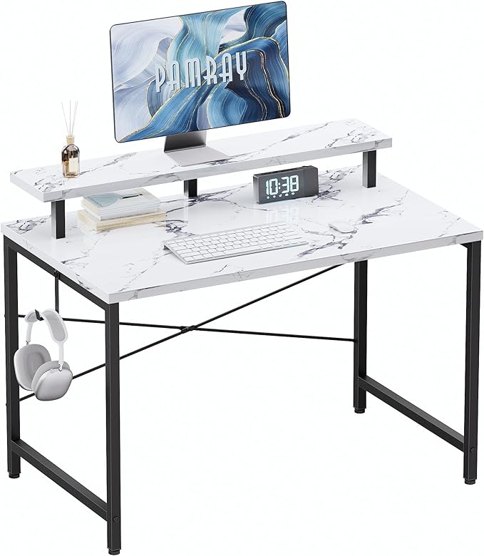 Pamray 32 Inch Small Computer Desk with Monitor Stand, Simple Office Desk with Headphone Hook for Small Spaces, Kids Study Writing Table for Bedroom, Marble by PAMRAY