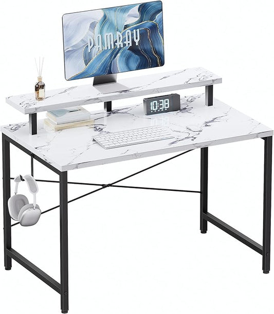 Pamray 32 Inch Small Computer Desk with Monitor Stand, Simple Office Desk with Headphone Hook for Small Spaces, Kids Study Writing Table for Bedroom, Marble by PAMRAY