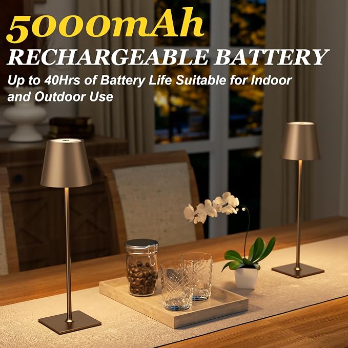 Kakanuo Brown Cordless Rechargeable Table Lamp 5000mAh Battery Operated Lamps, 3 Colors Stepless Dimming Touch Lamp for Living Room, Kitchen Counter, Dining, Outdoor Patio, 2 Pack - Image 3