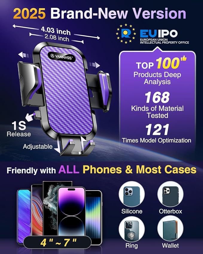 VANMASS Phone Holders for Your Car 2026 Ultimate Phone Mount Military-Grade Windshield Dashboard Vent【Newest Best Strongest】 Cell Phone Car Mount for iPhone 16 Pro Max 15 Samsung Android,Purple - Image 5