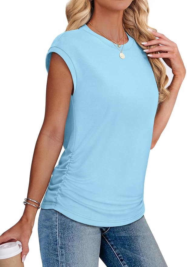 Sampeel Womens Summer Tops Trendy 2026 Ruched Cap Short Sleeve Tshirts Shirts Crew Neck T Shirts Fashion - Image 4