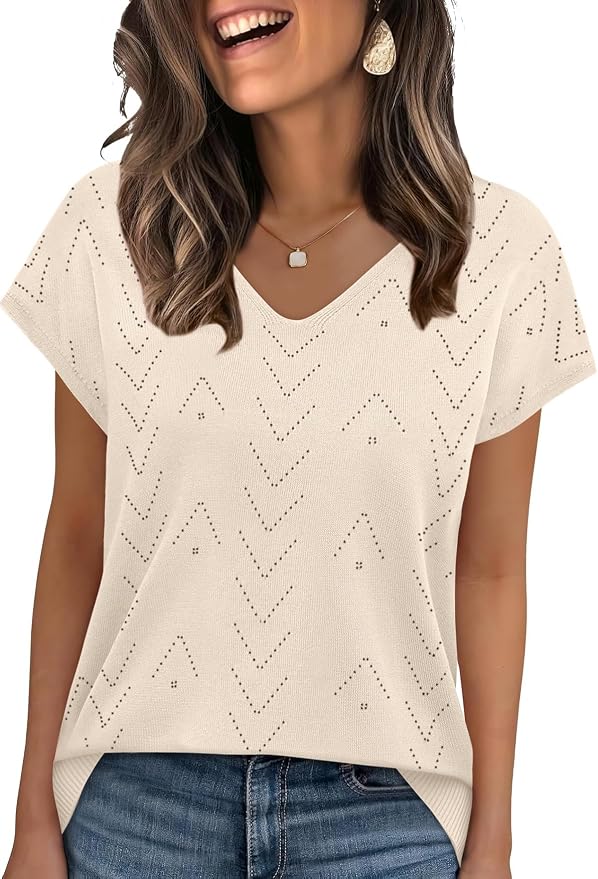 WIHOLL Short Sleeve Sweater for Women V Neck Trendy Cute Tops Business Casual Outfits Cap Sleeve - Image 2
