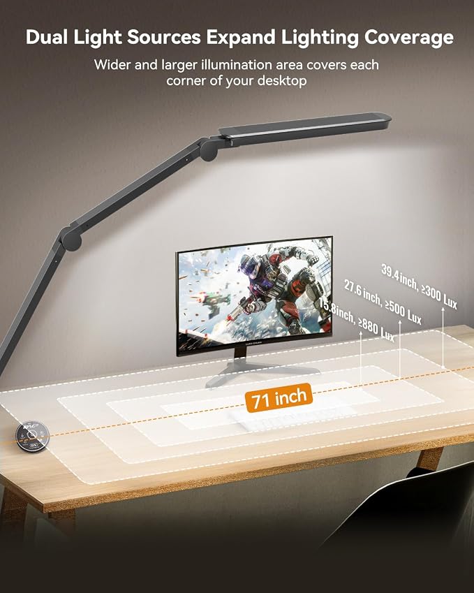 LED Desk Lamp with Clamp, Architect Desk Lamp with Remote, Flexible Swing Arm Desk Light with Dual LED Light, Stepless Dimming, 5 Color Mode & 4 Brightness for Sewing Painting Drafting Crafting - Image 2