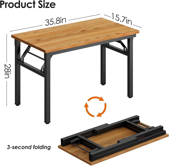 Need Office Computer Desk 35.8 Inch Sturdy Folding Laptop Table Teak | Black Frame Writing Gaming Work Table/Foldable Home Office Desk/Sewing Table, No Assembly Required - Image 3