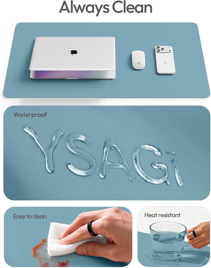 YSAGi Leather Desk Protector, Office Mat, Large Mouse Mat, Non-Slip PU Leather Blotter, Laptop Desk Mat, Waterproof Writing Pad for Office and Home(Aquamarine, 63" x 17.2") - Image 7