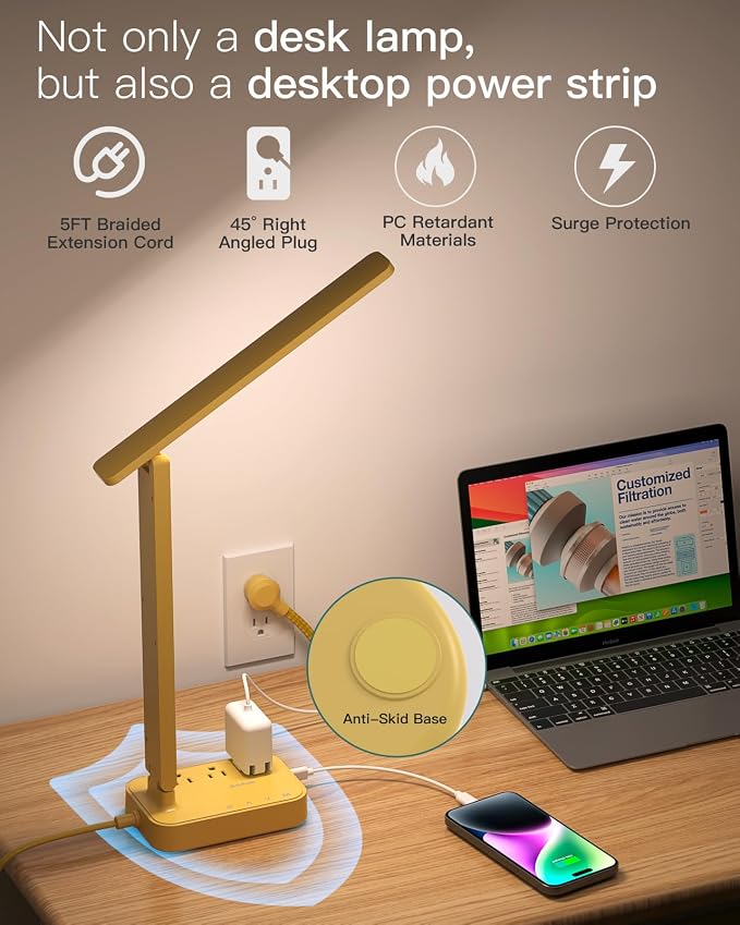 Addtam LED Desk Lamp, Power Strip with 3 Outlets 4 USB Charging Ports(2 USBC), 4 Modes 5 Level Brightness Touch Lamp, Small Desk Lamp for Home Office College Dorm Room Essentials, Yellow - Image 5