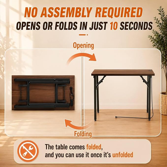 Folding Table Computer Desk - 43.3" No Assembly Folding Desk with Power Outlets & USB Charging Port, Small Desk, Foldable Office Desk, Compact Storage Portable Use for Small Space, Dark Walnut - Image 4