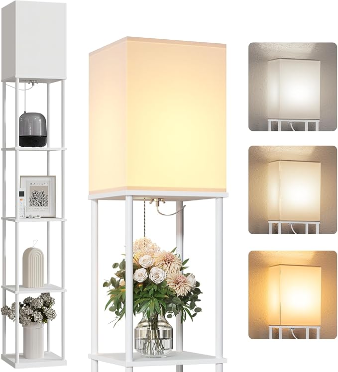 SUNMORY 5 Tier Floor Lamp with Shelves, Modern Square Standing Lamp with 3 Color Temperature Bulb, Corner Display Bookshelf Lamp for Living Room and Bedroom, Tall Shelf Floor Lamp White by SUNMORY