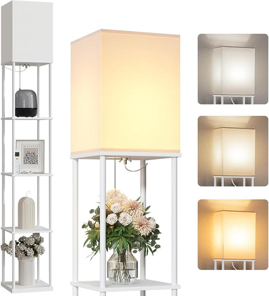 SUNMORY 5 Tier Floor Lamp with Shelves, Modern Square Standing Lamp with 3 Color Temperature Bulb, Corner Display Bookshelf Lamp for Living Room and Bedroom, Tall Shelf Floor Lamp White by SUNMORY