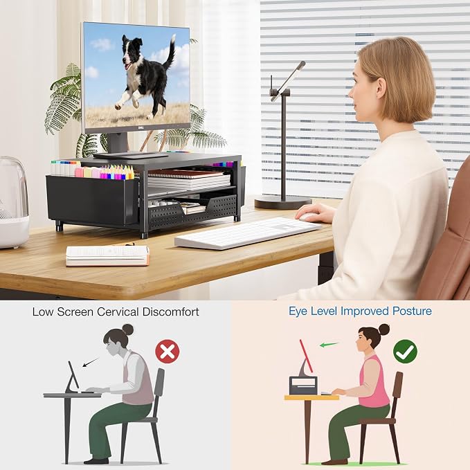 OPNICE Desk Organizer and Accessories, 2-Tier Computer Monitor Stand Riser with Drawer and 2 Pen Holders, Laptop Stand, Office Desk Accessories for Office Supplies, Black 2-Pack - Image 7