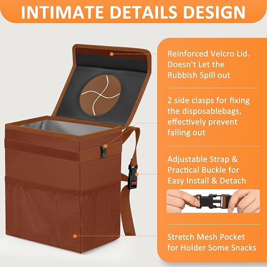 Vankor Car Trash Can, Brown, 2.2 Gallons Capacity, Waterproof, Polyester Material, Adjustable Strap, Hanging Design, Leakproof Lining, 100% PEVA Thickness - Image 4