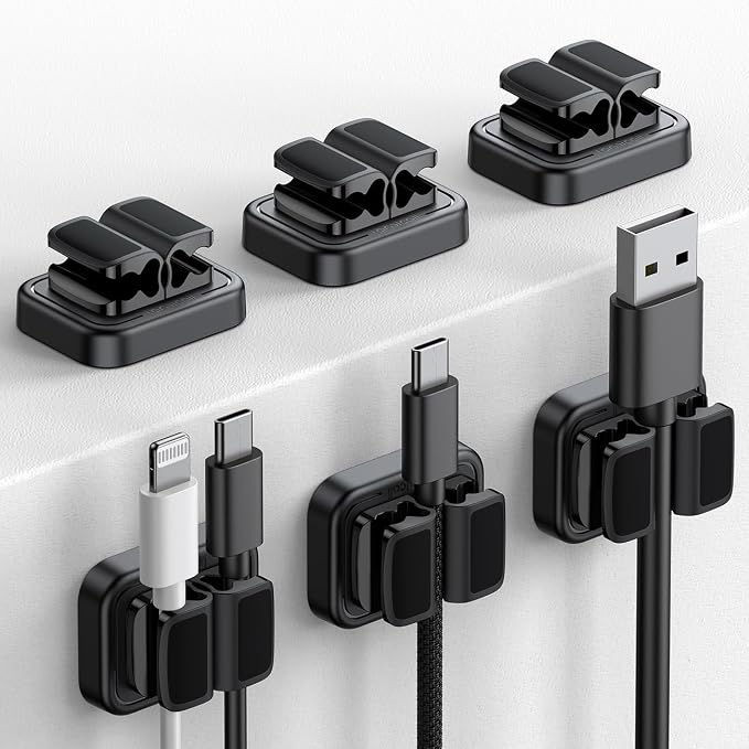 Lamicall 6Pack 3-in-1 Cord Spring Clip Holder - Small Clips for Desk Cable Organizer, Adhesive Adjustable Cable Holder for Charger Wire, USB Cord, Office, Car, Cord Management, Desk Accessories by Lamicall