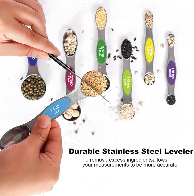 Multicolor Magnetic Measuring Spoons Set with Leveler | 7Pack, Stainless Steel, Stackable, Fits Spice Jars - For Baking Kitchen Gadgets Apartment Essentials Fits - Image 4