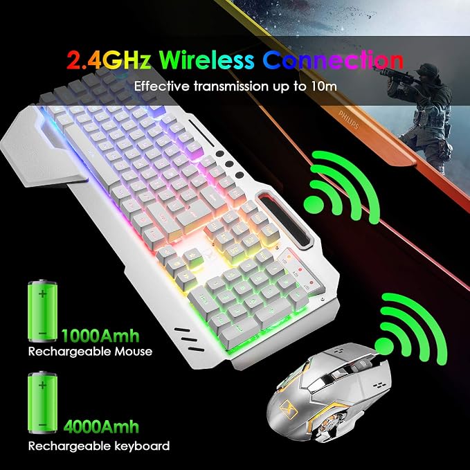 Wireless Gaming Keyboard and Mouse,RGB Backlit Rechargeable Keyboard Mouse with 5000mAh Battery Metal Panel,Removable Hand Rest Mechanical Feel Keyboard and 7 Color Gaming Mute Mouse for PC Gamers - Image 4
