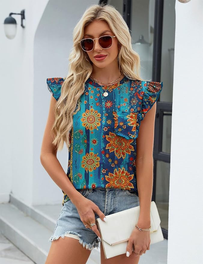 JUSTFASHIONNOW Womens Summer Tops Striped T-Shirts 2026 Ruffle Short Sleeve Crew Neck Casual Blouses with Pocket - Image 4