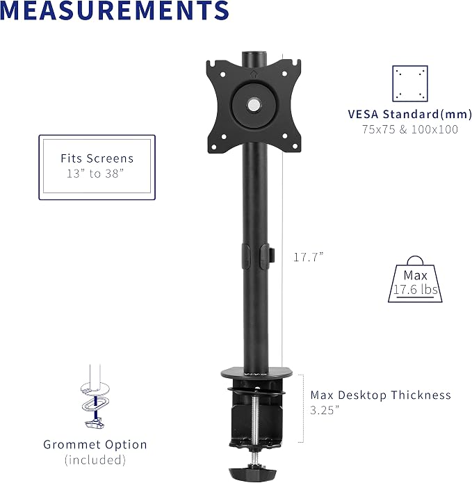 VIVO Single 13 to 38 inch LCD Monitor Heavy Duty Desk Mount Stand, Holds 1 Standard to Ultrawide Screen up to 38 inches, STAND-V001C - Image 3