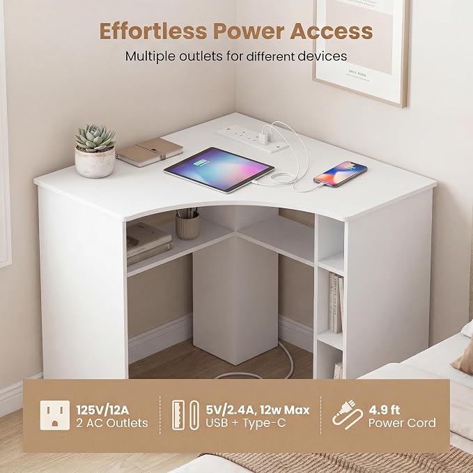 GOFLAME White Corner Desk with Charging Station, Small Corner Desk with Storage Shelves, Triangle Computer Desk, Study Writing Table for Home Office, Small Spaces - Image 4