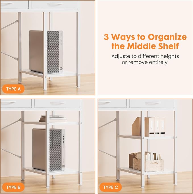 Sweetcrispy 55" Computer Desk with 6 Fabric Drawers & Storage Shelves | Reversible Gaming Desk, Office Desk, Computer Workstation, Corner Desk with Storag, Home Office, Living Room, White - Image 7