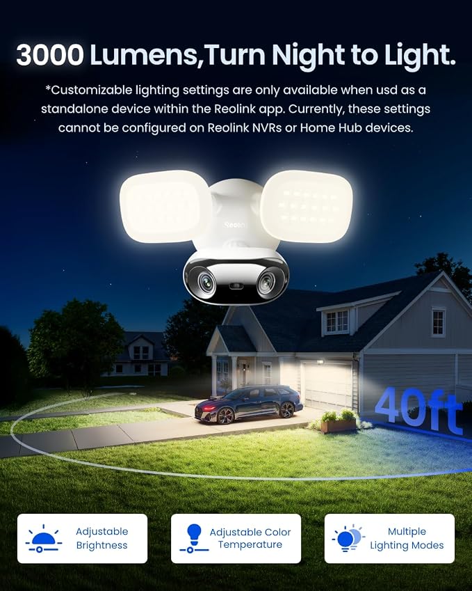 REOLINK Elite Floodlight WiFi, 4K 8MP 180° Panoramic Wired Floodlight Camera, Adjustable 3000 Lumens, Local AI Video Search, Dual-Band Wi-Fi 6, 24/7 Recording, No Monthly Fees, 100~240V AC Hardwired - Image 3