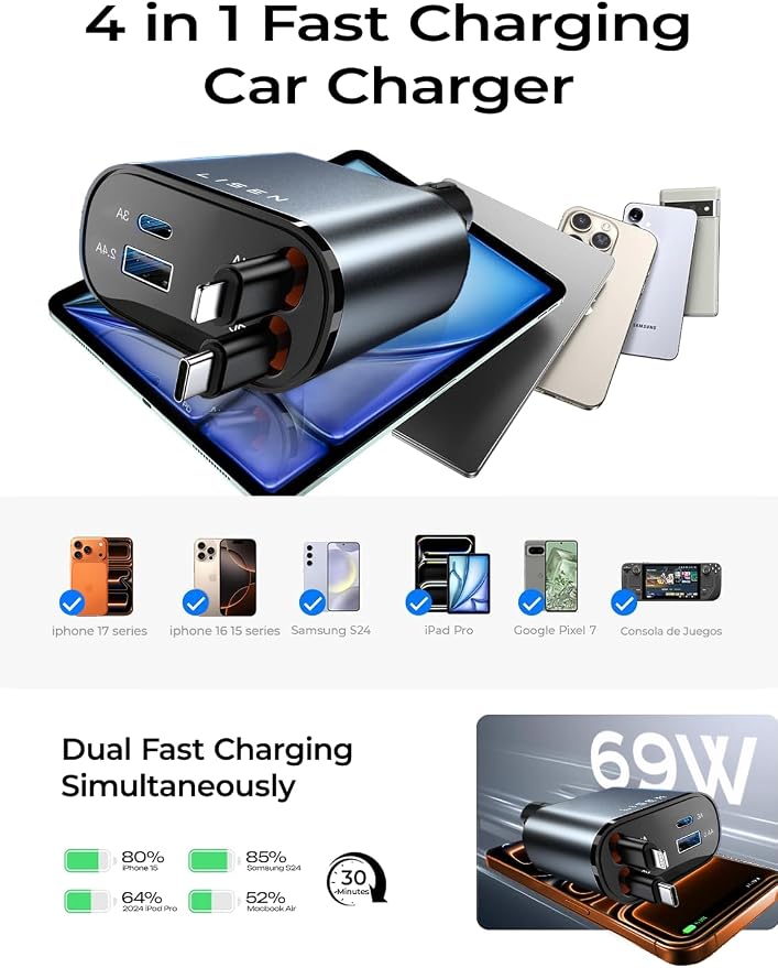 LISEN Retractable Car Charger, [2026 Upgrade 50 inch ] Long 4 in 1 Retractable Cable Car Charger, USB C Car Charger Fast Charging for iPhone 17 16 15 14 13 12 11 X Pro Max Plus Mini, Samsung S26 | Multiple Ports Car Charger, Retractable Car Charger Fas... - Image 7