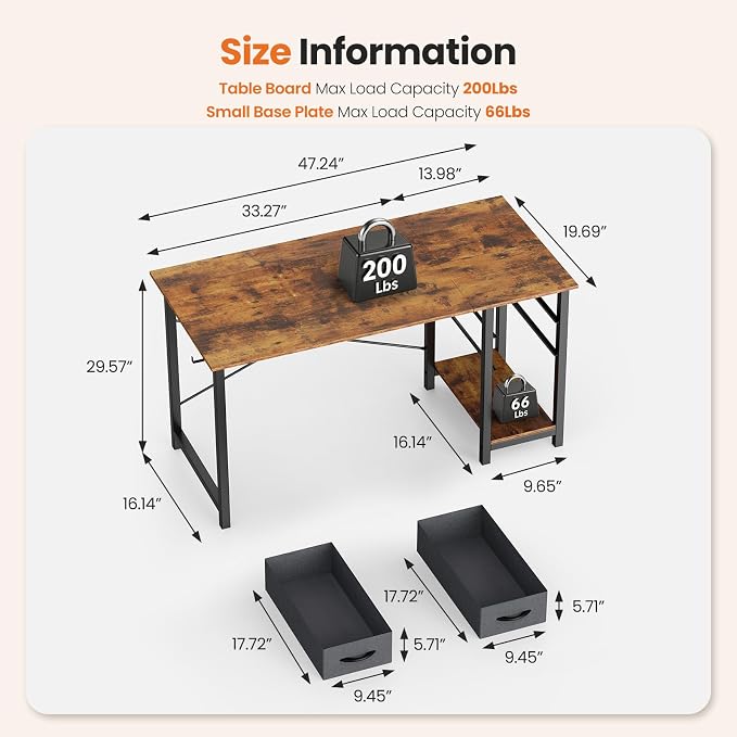 Sweetcrispy 47-Inch Computer Desk with Drawers, Office Desk, Brown | Small Desk for Bedroom Home Office with Side Hook, Modern Simple desk with storage for Writing - Image 3