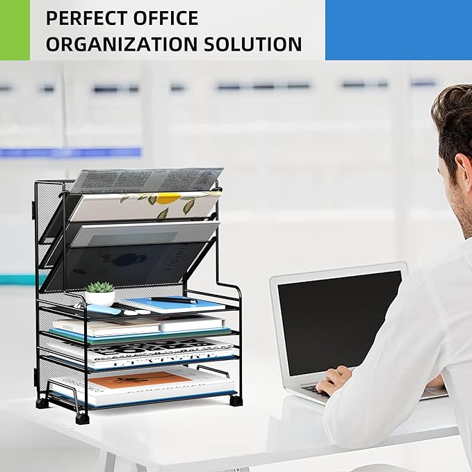 MINDEPOT 4-Tier Paper Organizer + 3-Pocket File Holder + Drawer + Pen Holders, Desktop File Organizers Paper Tray for Office Supplies School Classroom Organization (Black, No Drawer & Pen Holder) - Image 5
