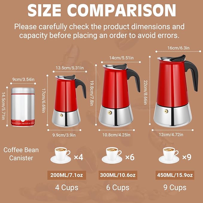 6 Cup Stainless Steel Moka Pot, 300ml Stovetop Espresso Maker, Red | 304 Stainless Steel Mocha Pot, Induction Compatible, Greca de Cafe, Cuban and Italian Coffee Maker - Image 3